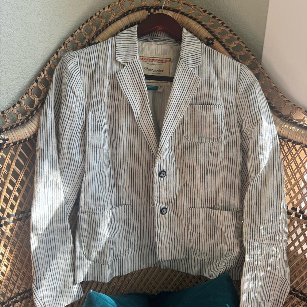 Anthropologie Navy and White linen  blazer